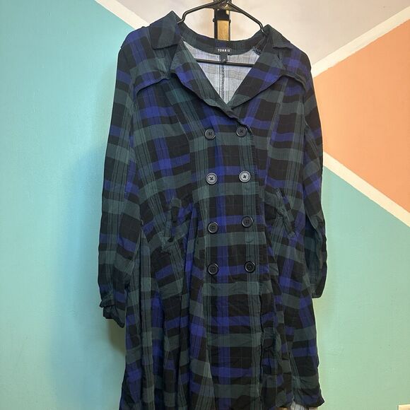 Torrid Blue Green Plaid Longline Trench Coat‎ Size Large (0) Preppy - Picture 1 of 5